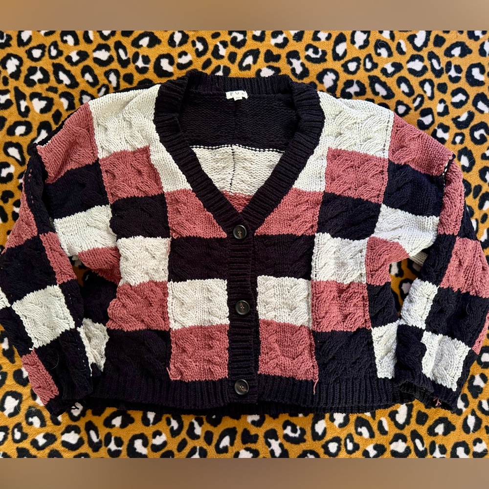 POL Black, Cream, and Pink Checkered Cardigan